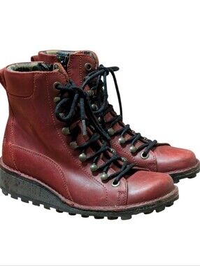 Fly London Malu Red Leather Lace Up Wedge Ankle Boots Size 37 Combat